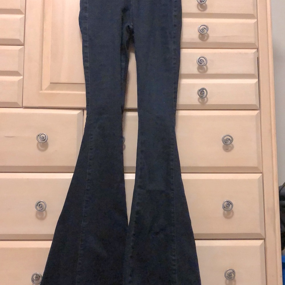 Three Bird Nest Dark Denim Bell Bottoms Size XS Elastic Waist - NWOT